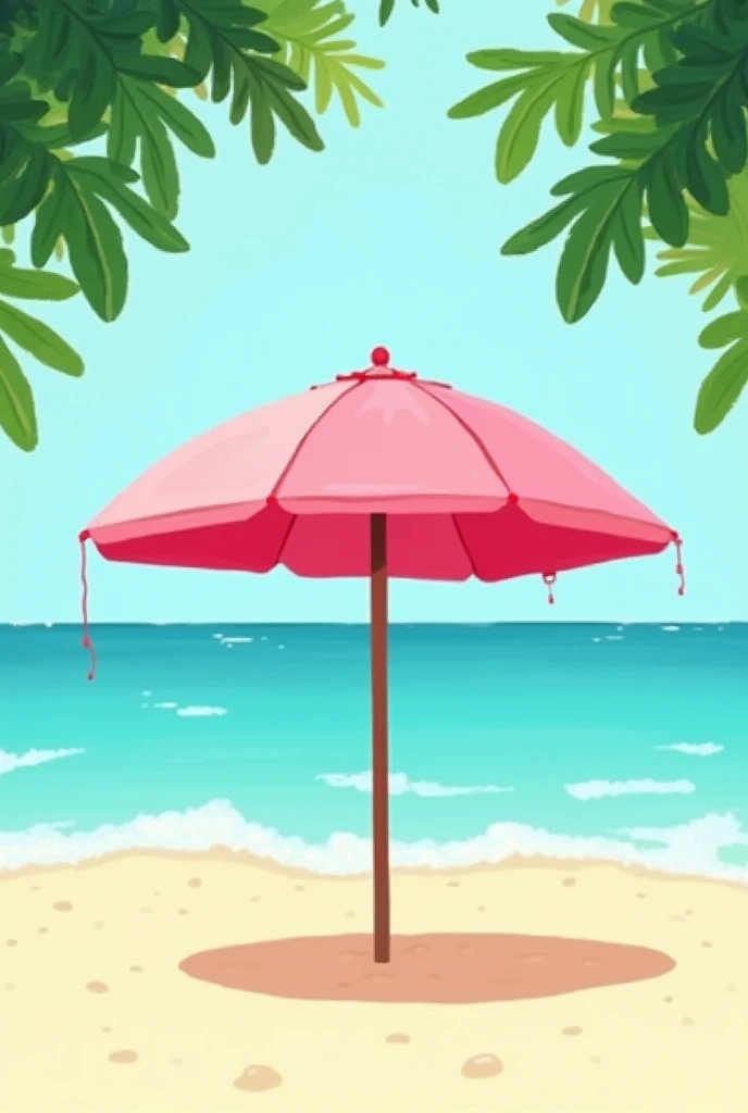 simple gouache painting beach umbrella , simple minimal design, pink, and green colors, hand drawn