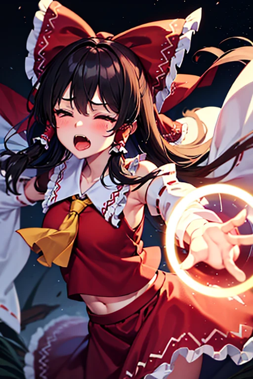 On a dark road at night, a bewitching Reimu closes her eyes in pain as a yellow magic circle attack hits her body and she screams in pain.