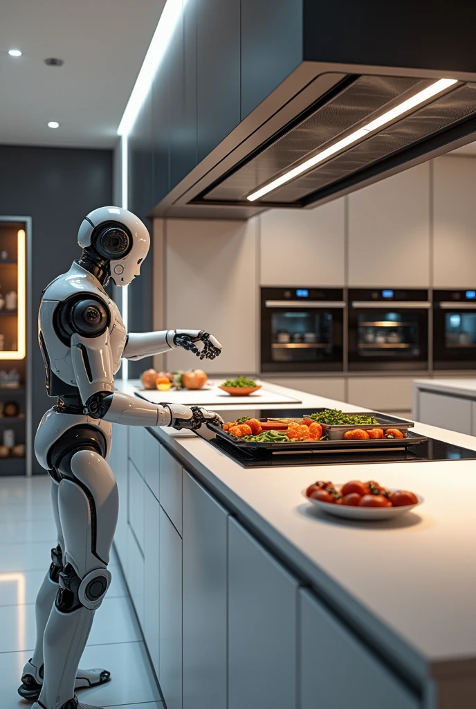 {Subject: Futuristic kitchen with smart appliances} 
A photorealistic image of a cutting-edge kitchen designed for autonomous cooking, featuring a sleek kitchen island that doubles as a food preparation surface. The island includes invisible stovetops and smart ovens that automatically identify ingredients and cook them to perfection. The scene also showcases a smart refrigerator that orders groceries when supplies are low, and smart countertops embedded with touchscreens for recipe access and meal planning. A robotic arm is visible, assisting with food preparation. The design features clean lines, neutral colors, and metallic finishes, with subtle lighting integrated into the cabinets and appliances.

{Image Type: Photorealistic} 
A modern, high-tech aesthetic that highlights the seamless integration of smart technology into everyday kitchen tasks. The image emphasizes the sleek design and functionality of the appliances, with a focus on how they enhance convenience in cooking.

{Art Style Keywords: Photorealistic, Modern, High-tech, Sleek Design, Functional, Metallic Finishes}

{Lighting: Subtle, integrated lighting} 
Subtle lighting is integrated into the cabinets and appliances, creating a soft glow that enhances the metallic finishes and the clean lines of the kitchen design.

{Camera and Shot Details: High-resolution, wide-angle shot} 
A high-resolution, wide-angle shot captures the entire kitchen, showcasing the smart appliances and their integration into the overall design.

{Render: Ultra-detailed, 4K resolution}
An ultra-detailed render in 4K resolution ensures every aspect of the futuristic kitchen, from the invisible stovetops to the robotic arm, is depicted with clarity and precision.
