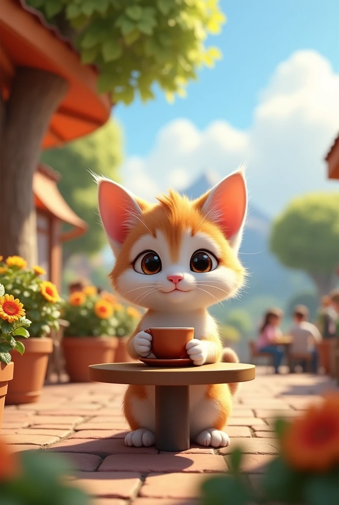 {
"size": "1024x1024",
"prompt": "A cute 3D kitten, inspired by the animation styles of Pixar and DreamWorks. The kitten has big, expressive eyes, soft fur, and a playful expression. The fur color is random, with possible mixes like light orange, white, gray, black, or a combination. The kitten is sitting at a small table in a charming outdoor bistro, holding a tiny coffee cup with both paws. The bistro is set in a vibrant, interactive landscape, with colorful flowers, lush green trees, and a gentle breeze. In the background, there's a beautiful view of distant mountains or a scenic park, with people casually walking by or enjoying their day. The scene is lively and heartwarming, capturing a peaceful, whimsical moment of the kitten enjoying a coffee in a beautiful, open-air setting."
}