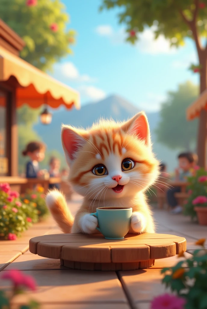 {
  "size": "1024x1024",
  "prompt": "A cute 3D kitten, inspired by the animation styles of Pixar and DreamWorks. The kitten has big, expressive eyes, soft fur, and a playful expression. The fur color is random, with possible mixes like light orange, white, gray, black, or a combination. The kitten is sitting at a small table in a charming outdoor bistro, holding a tiny coffee cup with both paws. The bistro is set in a vibrant, interactive landscape, with colorful flowers, lush green trees, and a gentle breeze. In the background, there's a beautiful view of distant mountains or a scenic park, with people casually walking by or enjoying their day. The scene is lively and heartwarming, capturing a peaceful, whimsical moment of the kitten enjoying a coffee in a beautiful, open-air setting."
}
