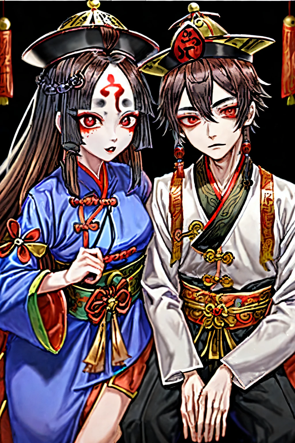 Anime style, cute male and female Jiangshi couple, brown-haired Jiangshi, talisman on forehead, male and female Jiangshi couple, cute, well-formed features, the girl has round eyes, she is wearing almond eyes, hanbok, Jiangshi clothes, hanbok in the style of a Chinese dress, anime art of Jiangshi, perfect face, perfect reproduction, masterpiece, background, night stall, talisman on forehead, two people facing each other, Jiangshi appearing at a night stall, anime, talisman, seal to ward off evil spirits, long piece of paper with writing on it is pasted on forehead