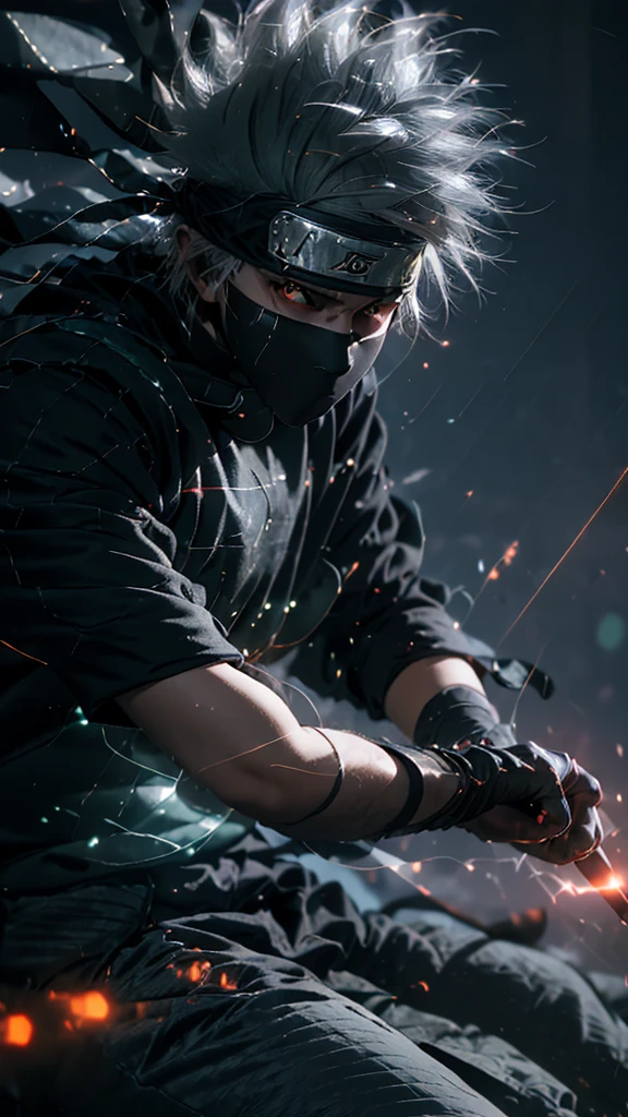 (Dramatic, gritty, Formidable:1.4),masutepiece, Best Quality, 8K, Insane details, Intricate details, hyperdetails, hyper quality, high detailing, ultra-detailliert, masutepiece,Upper body, close-up,(imid shot,Macro shot:1.25),(Red Eyes:1.5),(White hair:1.2),1boy, 
kakashi hatake from naruto, Holographic Reality, Holographic Halo, Motion Blur, Game Light Effects, Rim Light, Soft light, Movie Rim Light, Delicate Light, Cyberpunk style, Oil Painting Texture, full-length shot, 3D Artist, Detailed, Futuristic, Lightning,