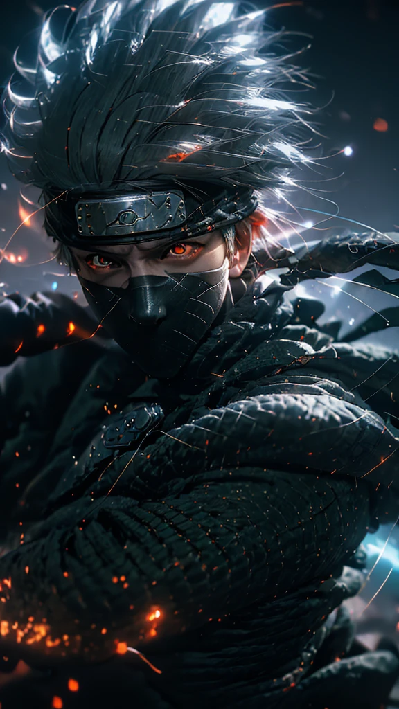 (Dramatic, gritty, Formidable:1.4),masutepiece, Best Quality, 8K, Insane details, Intricate details, hyperdetails, hyper quality, high detailing, ultra-detailliert, masutepiece,Upper body, close-up,(imid shot,Macro shot:1.25),(Red Eyes:1.5),(White hair:1.2),1boy,
kakashi hatake from naruto, Holographic Reality, Holographic Halo, Motion Blur, Game Light Effects, Rim Light, Soft light, Movie Rim Light, Delicate Light, Cyberpunk style, Oil Painting Texture, full-length shot, 3D Artist, Detailed, Futuristic, Lightning,