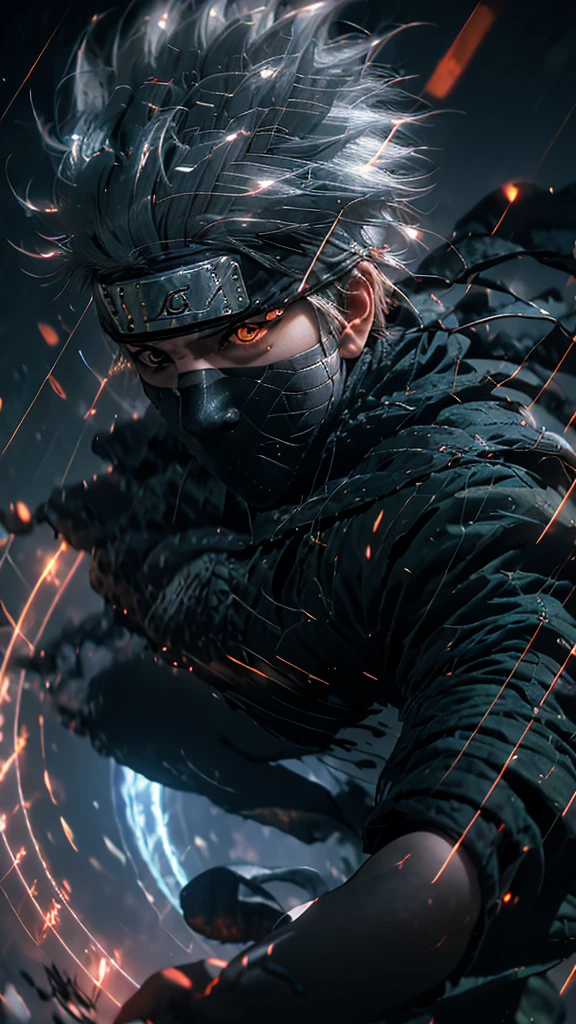 (Dramatic, gritty, Formidable:1.4),masutepiece, Best Quality, 8K, Insane details, Intricate details, hyperdetails, hyper quality, high detailing, ultra-detailliert, masutepiece,Upper body, close-up,(imid shot,Macro shot:1.25),(Red Eyes:1.5),(White hair:1.2),1boy, 
kakashi hatake from naruto, Holographic Reality, Holographic Halo, Motion Blur, Game Light Effects, Rim Light, Soft light, Movie Rim Light, Delicate Light, Cyberpunk style, Oil Painting Texture, full-length shot, 3D Artist, Detailed, Futuristic, Lightning,