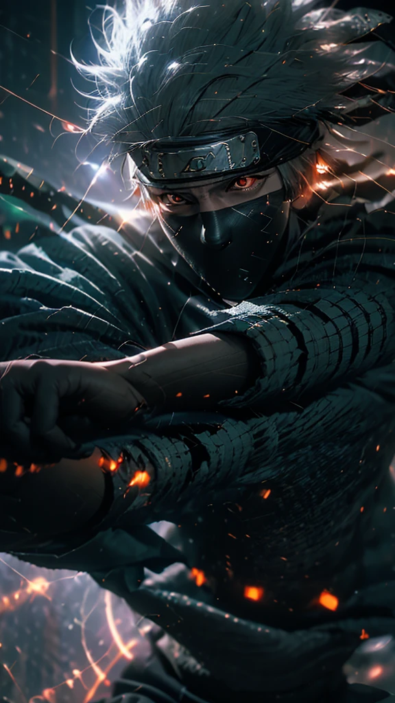 (Dramatic, gritty, Formidable:1.4),masutepiece, Best Quality, 8K, Insane details, Intricate details, hyperdetails, hyper quality, high detailing, ultra-detailliert, masutepiece,Upper body, close-up,(imid shot,Macro shot:1.25),(Red Eyes:1.5),(White hair:1.2),1boy,
kakashi hatake from naruto, Holographic Reality, Holographic Halo, Motion Blur, Game Light Effects, Rim Light, Soft light, Movie Rim Light, Delicate Light, Cyberpunk style, Oil Painting Texture, full-length shot, 3D Artist, Detailed, Futuristic, Lightning,