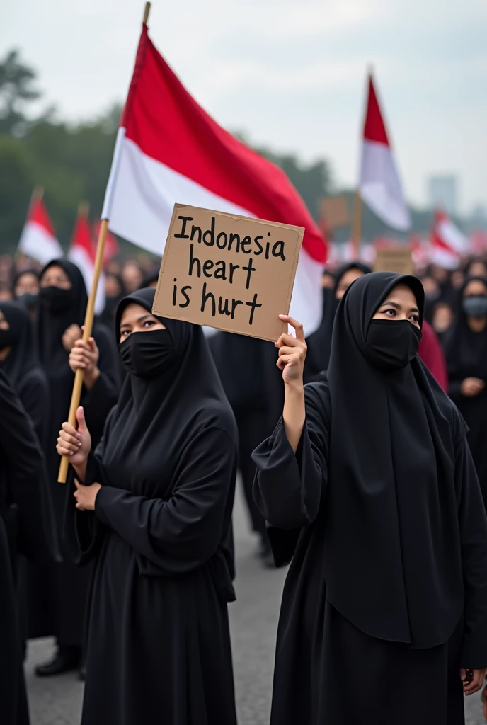 Photo of women wearing black face coverings taking part in a large demonstration" while carrying a red and white flag and carrying a sign saying "INDONESIA'S HEART IS HURT"