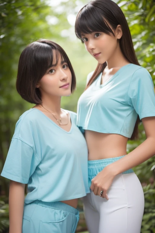 score_8, score_9, Highest quality, masterpiece, Long Hair, Brown Hair, sexy, girl, Sisters, ((Tight T-shirt)),Cowboy Shot:1.3, Adorable, smile, Slim face, Slim body,32K, masterpiece, Best image quality,Ultra-high resolution,Perfect hands,Black choker、blue eyes、bangs、Very thick and long eyelashes, たくさんのgirl、((Big Breasts)), Dependents, Big Breasts, Red lipstick、grassland、blue sky