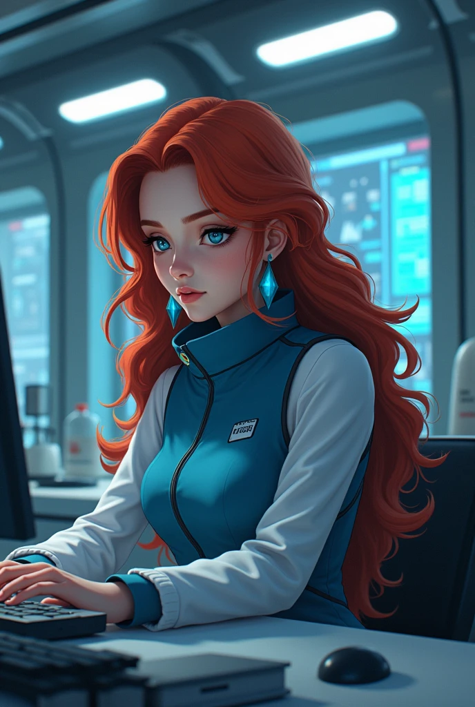 space research laboratory, Woman ,long red hair, wearing a blue vest, long blue earrings,sitting looking at computer