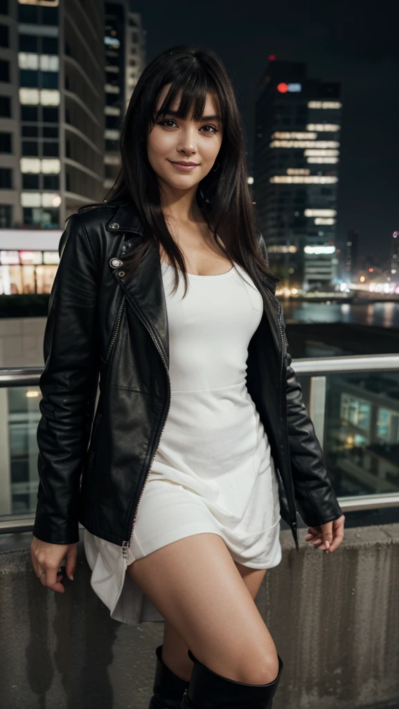 A full-length image of a woman. A middle-aged woman. Woman stay against buildings. Glass tall buildings, the city lights at night. The woman has black hair, hair spread out, long hair, neat bangs on the forehead, glowing eyes, longeyelashes, makeup, smile, anime, Romanticism, sparkle, god rays, backlighting, long white dress, black leather jacket, Black leather boots, UHD, masterpiece, accurate, super detail, high details, high quality, highres