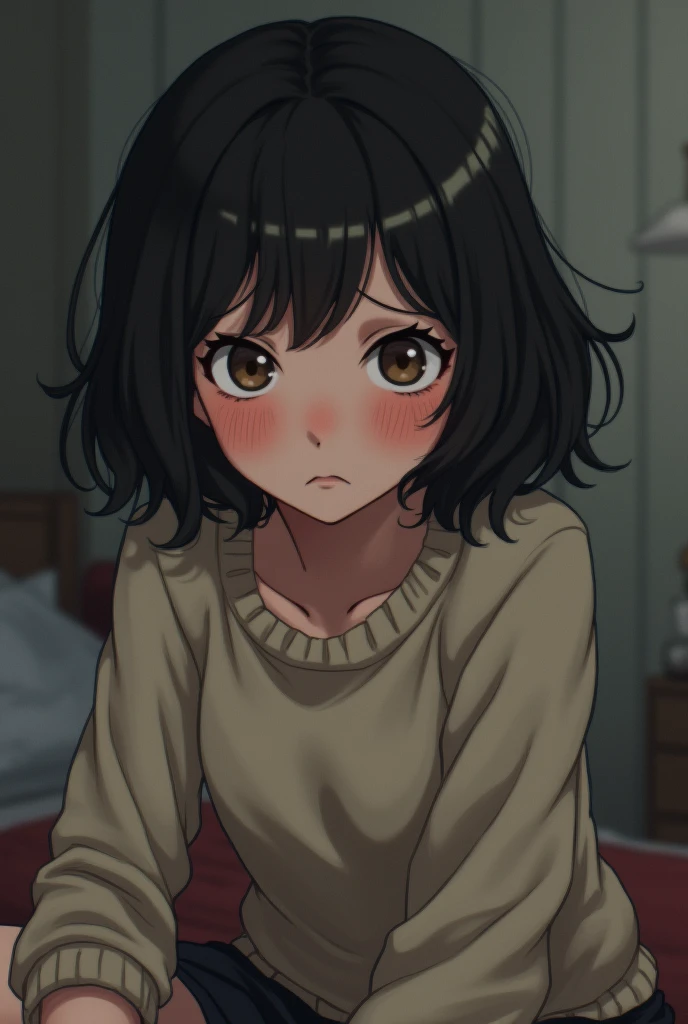 Jewish girl, lightbrown eyes, slightly wavy black hair, pink circles under the eyes, bangss, shorth hair, sweater, in the bedroom, apathetic roast