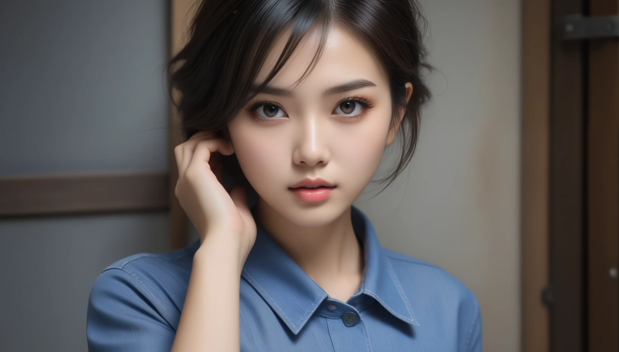 8k, Ultra-high resolution, Highest quality, masterpiece, 三分割法によるphotograph,Surreal, photograph, 1 , (:1.3), cute, cute顔, 細部までBeautiful Eyes, 細かくdetailedに,masterpiece,One Girl:1.2,Japanese women,Young Wife,cowboy shot,glaring,Black short hair,messy hair,(Dirty work clothes:1.3),Staring through the wire mesh,Blue Collar,Factory wall,(Beautiful attention to detail),Subtle details, detailedな顔,anger,Attractive eyes,(ポートレートphotograph:1.4),(Photorealistic images:1.4),Fantasy art,(Beautiful Face:1.4),美しくAttractive eyes、Beautiful Eyes、Grayscale 16Bits(Tight waist:1.4)、(Beautiful with perfect body proportions:1.4),Pink Lips,Looking at the audience,(((Ideal body type))),A-cup small breasts :2,、Portraiture:2、Perfect Anatomy、鮮明なdetailed、detailed,Fashion magazine cover,Thin lips,完璧でBeautiful Face ,完璧でcute顔, Skin with attention to detail, Perfect limbs、Narrow waist,Surreal,Light and shadow,backlighting