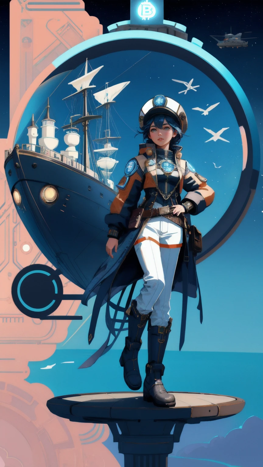 Depict a vibrant scene on the 'Early Adopter's Cruiser,' featuring a beautiful girl in a futuristic explorer outfit standing proudly on the deck. The background must be a rich blue, filled with advanced airships and steampunk elements. Bitcoin symbols subtly spread throughout the sky, emphasizing the fusion of innovation and exploration on this pioneering journey.
