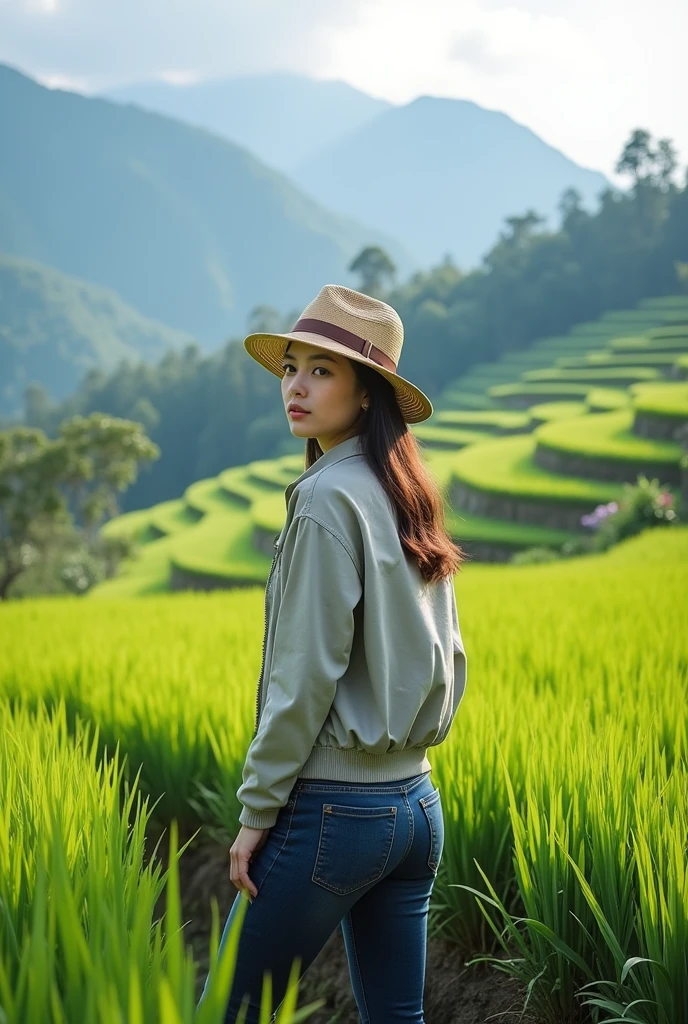 (absurdres, highres, ultra detailed, beautiful, masterpiece, best quality, )1 girl, BREAK Terraced rice fields, countryside, green landscape, traditional farming, mountain background, peaceful atmosphere, BREAK Comfortable clothes, hat, sunscreen, light jacket, dark blue jeans