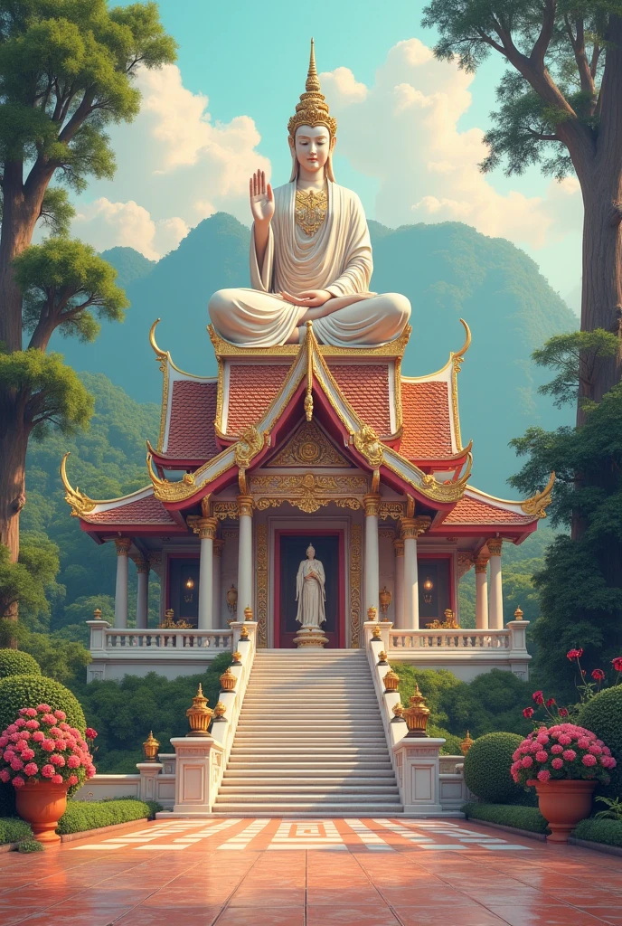 oil painting  Photo digital Soft pastel tones].  Amazing Details Large Thai style It has a beautiful tile surface  Behance Guan Yin, beautiful colors, 3D, beautiful scene at Doi Tung Temple, Chiang Rai, good and evil, packaging, Queen of the Stars