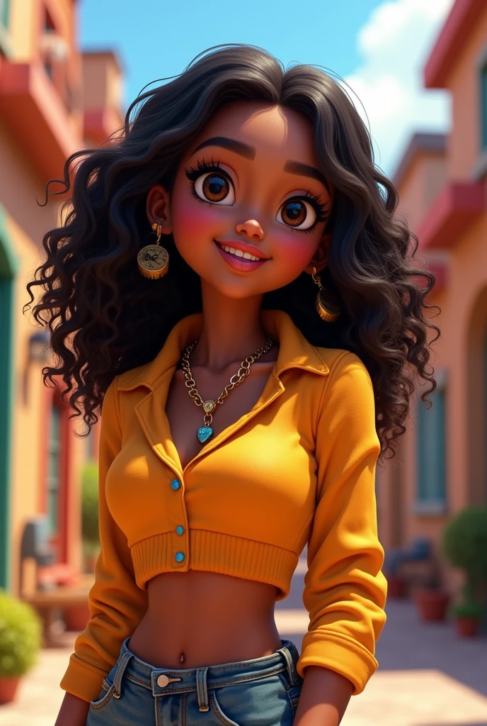Create a Disney Pixar style character, a 19 year old girl, Bullish, black, wavy hair half curly, long black half brown, eyes the black ones, slightly plump lips
