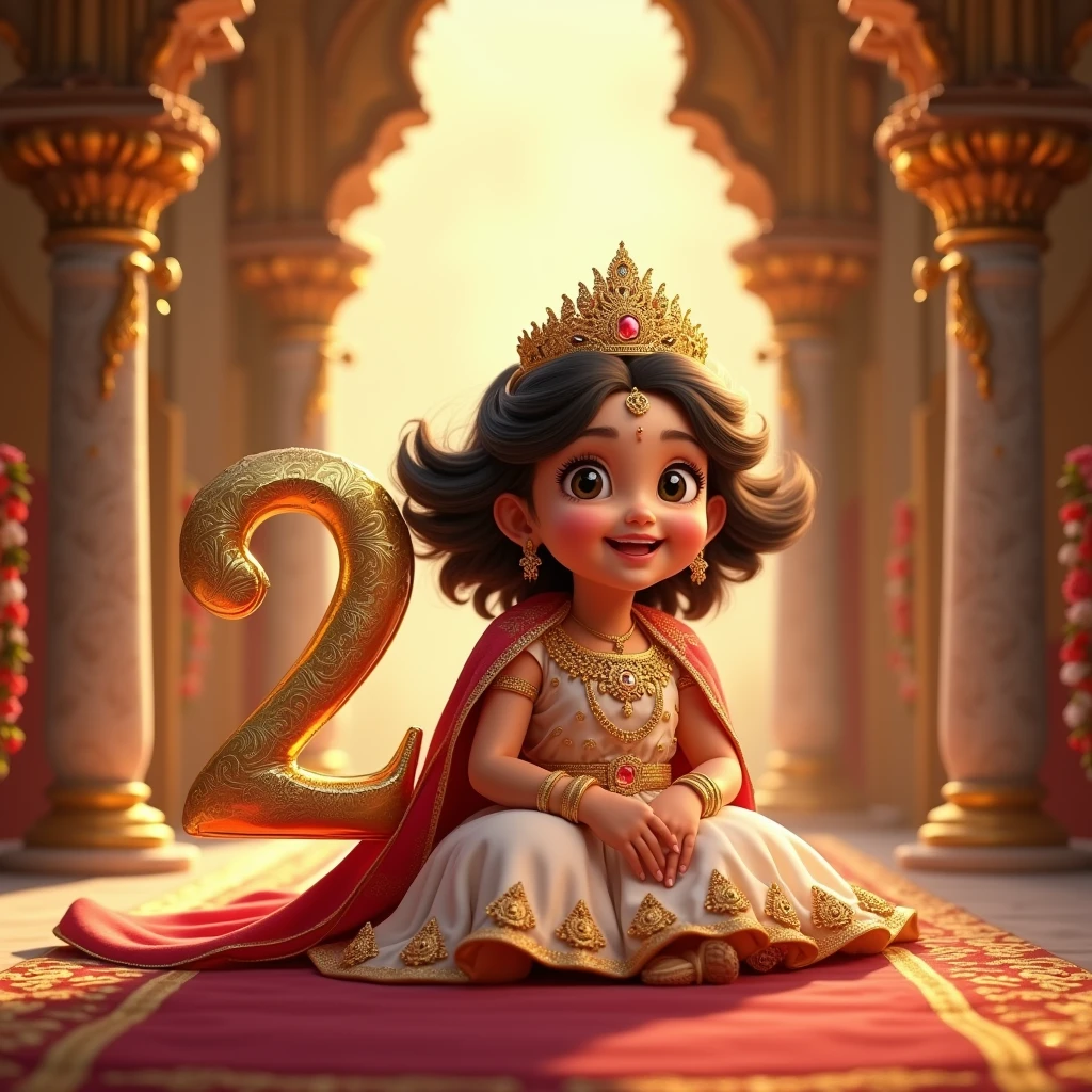 A realistic image of a cute little indian baby girl as a Princess, with open hair, in very big and beautiful house and in house there are all around gold , wearing a crown and a royal attire and she is very very beautiful and gorgeous and besides her is a large size '2' cutout , indicating that its her second birthday. Bright, bold and colorful image, Flower garlands can be seen hanging from the palace archs, seems like a celebration time in the palace