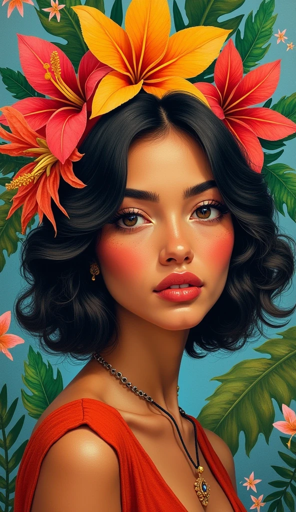 Step into the vibrant art scene of the 1960s with this visual prompt, channeling the spirit of Alejandro Obregón. Imagine a captivating scene featuring a high-quality portrait of a beautiful woman adorned with tropical flowers in her hair, set against a backdrop that mirrors Obregón's distinctive style from the 1960s. Embrace the rich and luminous abstract palette characteristic of the era. Capture the essence of Obregón's 'informalist' approach through bold and expressive brushstrokes, incorporating abstract and non-geometric forms. Craft a visually striking masterpiece that blends tropical allure with the tactile and vibrant energy of the 1960s. Ensure the woman's gaze is directed at the viewer, adding an intimate connection that draws observers into the scene.
