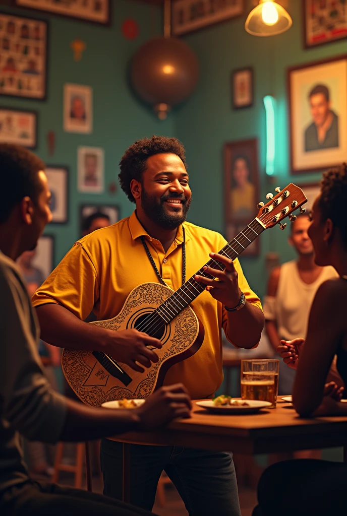 Pot-bellied man with short curly hair playing pagode at a bar with friends