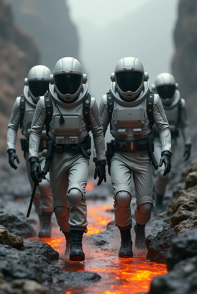 A group of gas mask women in tight metal suits on the barren lunar surface，Exploding silver ship，The background is pitch black，detail-rich，Ultra photo realsisim，Waste soil style，Dull old photos