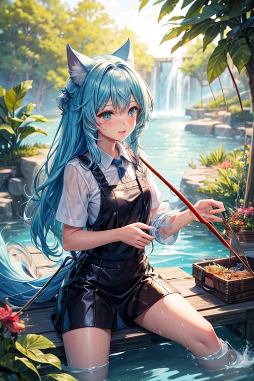 High quality, high detail, fantasy cat girl, fishing with a net, wet shirt