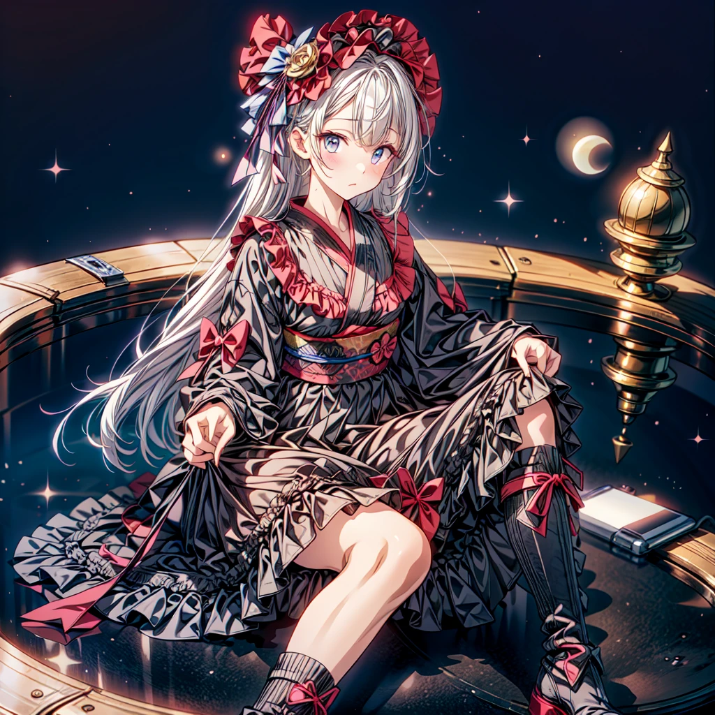 Star Fairy、(masterpiece, highest quality), One girl, Sitting on the crescent moon、「Beautifully printed galaxy patterned kimono and gothic ta outfits.、Space Pattern Ruffle Box Pleated Mini Skirt、Frontal portrait、Knee-high boots、Captivating eyes、Perfect and amazing face、Exquisite detail、Clear images、highest quality。」Milky white and light blue gradient long straight hair、