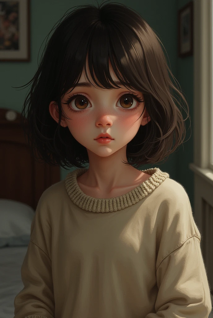 Jewish girl, lightbrown eyes, slightly wavy black hair, pink circles under the eyes, bangss, shorth hair, sweater, in the bedroom, apathetic roast, realisitic 
