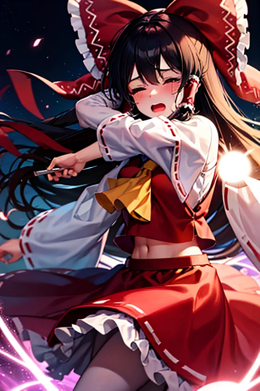 On a dark street at night, a bewitching Reimu is hit by a yellow magic circle attack and enveloped in a purifying light, closing her eyes in pain and crying out in pain.