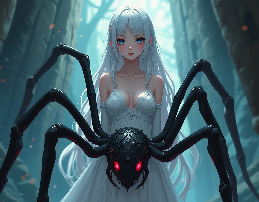 An anime-style illustration of a woman whose body from the waist up is that of a human and her lower body from the waist down is that of a spider.