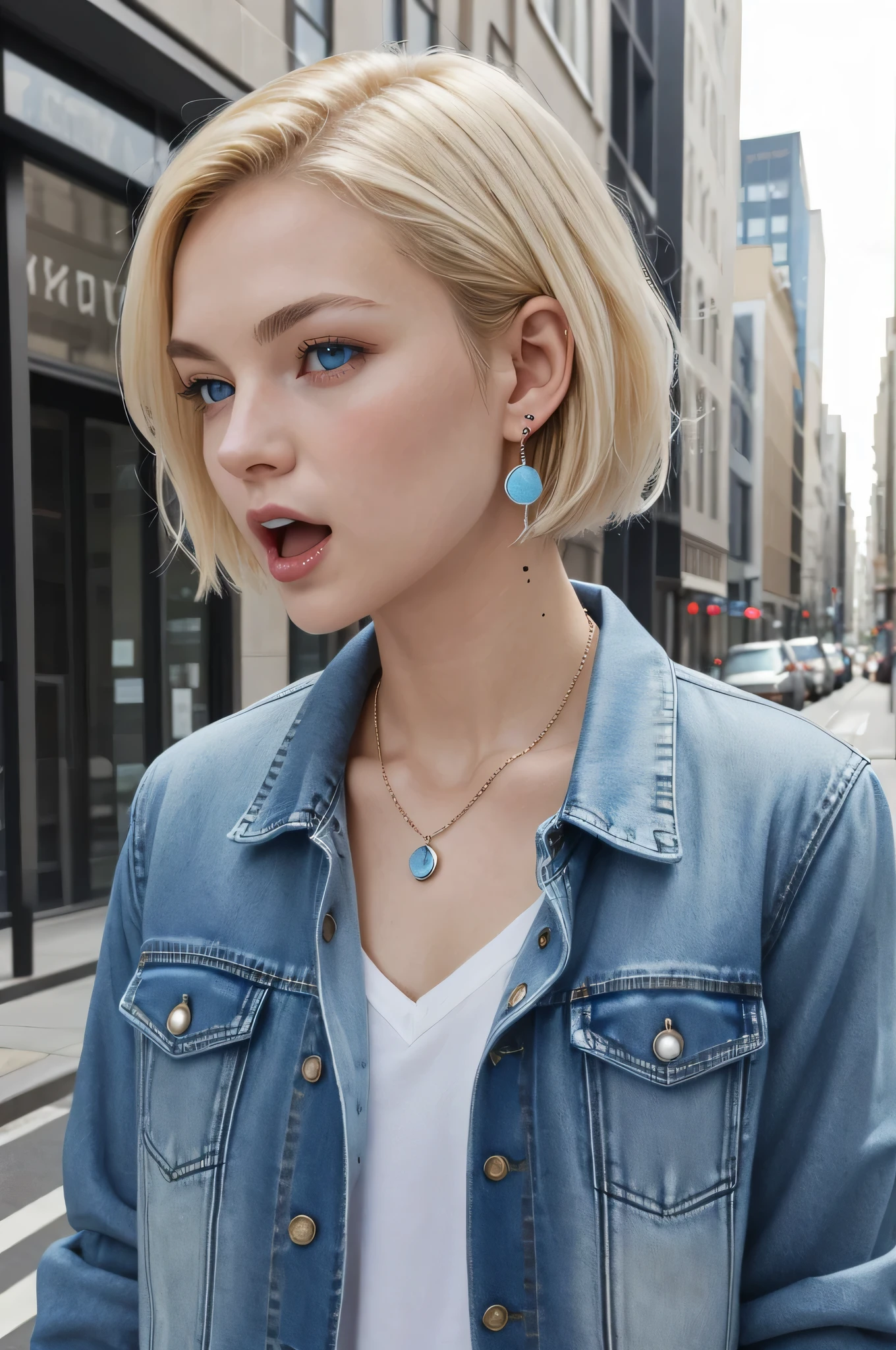 Pure white beauty、Neat and clean Caucasian woman、Blonde Hair、blue eyes、Short Haircut、ウェーブのかかった髪、Denim jacket、shirt、Open your mouth a little、View your audience, Earrings, necklace, _background,City Streets Task in progress