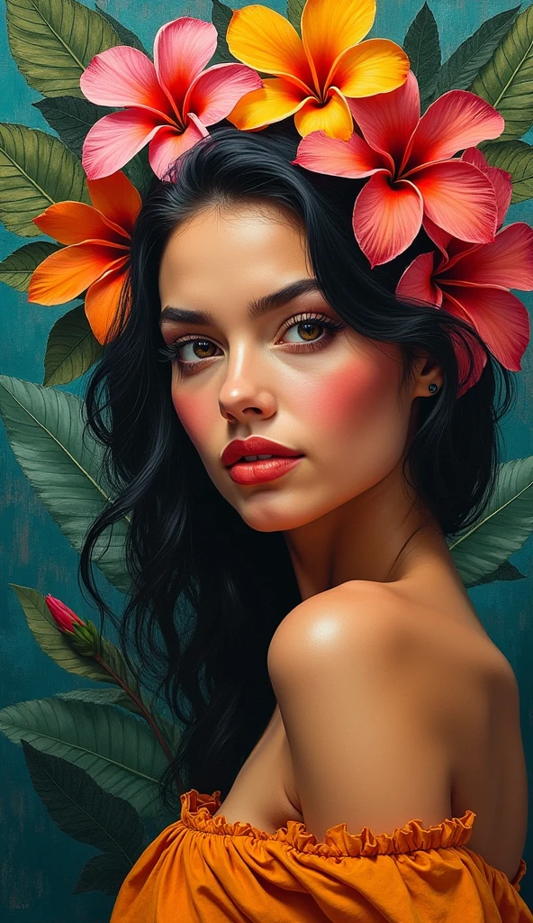 Step into the vibrant art scene of the 1960s with this visual prompt, channeling the spirit of Alejandro Obregón. Imagine a captivating scene featuring a high-quality portrait of a beautiful woman adorned with tropical flowers in her hair, set against a backdrop that mirrors Obregón's distinctive style from the 1960s. Embrace the rich and luminous abstract palette characteristic of the era. Capture the essence of Obregón's 'informalist' approach through bold and expressive brushstrokes, incorporating abstract and non-geometric forms. Craft a visually striking masterpiece that blends tropical allure with the tactile and vibrant energy of the 1960s. Ensure the woman's gaze is directed at the viewer, adding an intimate connection that draws observers into the scene.