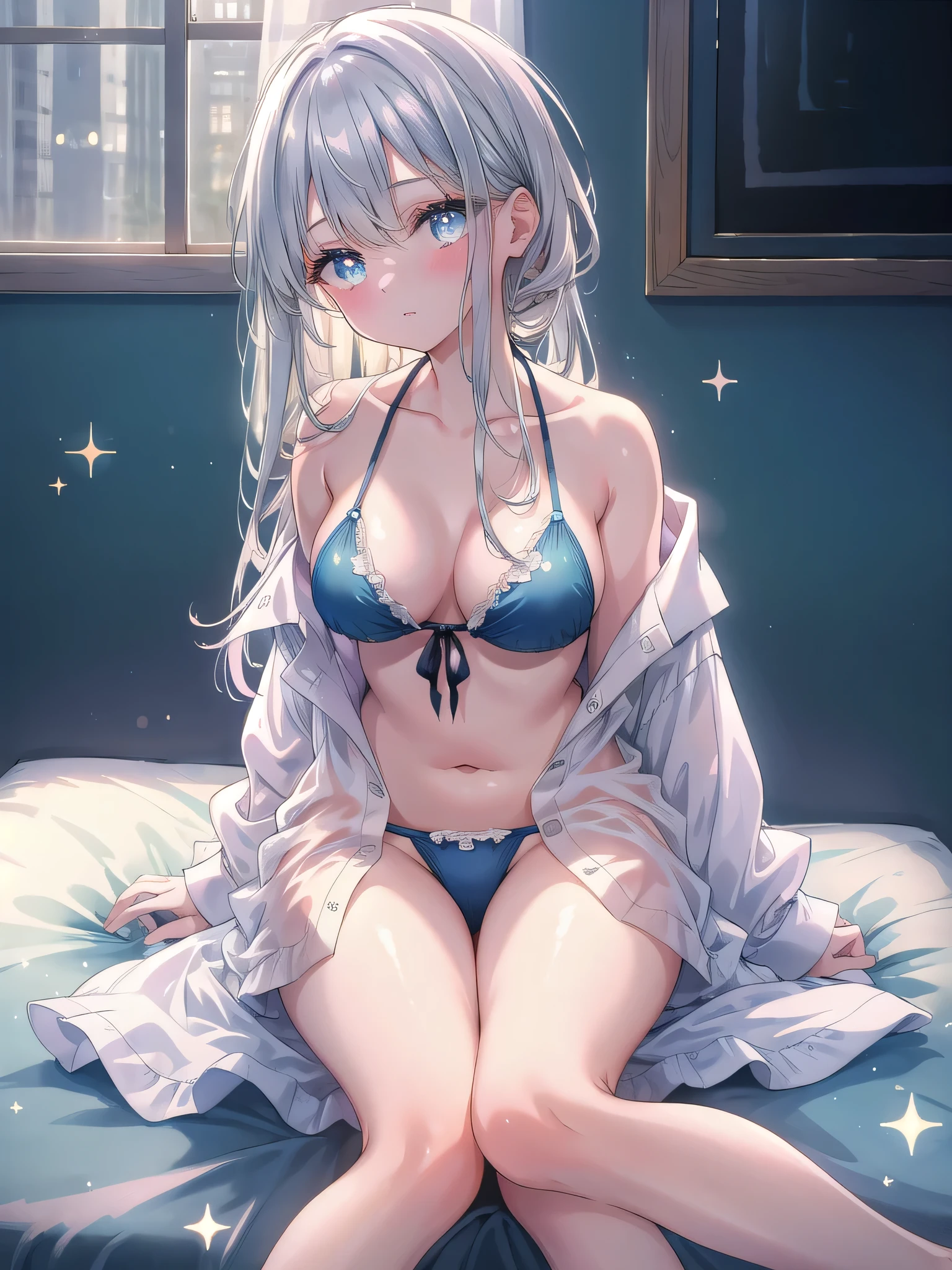 ((8k, Highest quality, masterpiece: 1.3)),Ultra-high resolution,(1 girl, alone), (Color changing eyes, Ultra-detailed, Expressive brilliance, Glitter, Glowing Eyes), Highly detailed eyes, Highly detailed face, Random Hair, ((pastel colour)),In the soft morning light of her bedroom, a young woman with long, flowing silver hair sits on the edge of her bed, wearing an oversized men’s white dress shirt loosely draped over her shoulders. The shirt is unbuttoned, revealing a deep blue bikini underneath. She sits with her legs spread comfortably apart, one foot on the floor and the other tucked beneath her. The camera captures her from behind, highlighting the shirt’s loose fit as it falls down her back, partially exposing her bikini bottoms. The natural light casts subtle shadows, emphasizing her relaxed, yet alluring, posture.