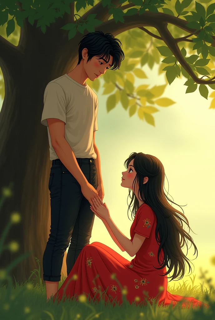 A girl wearing a red flowered dress sitting under a tree and a broad-shouldered man wearing black pants and a t-shirt holding her hand next to him 