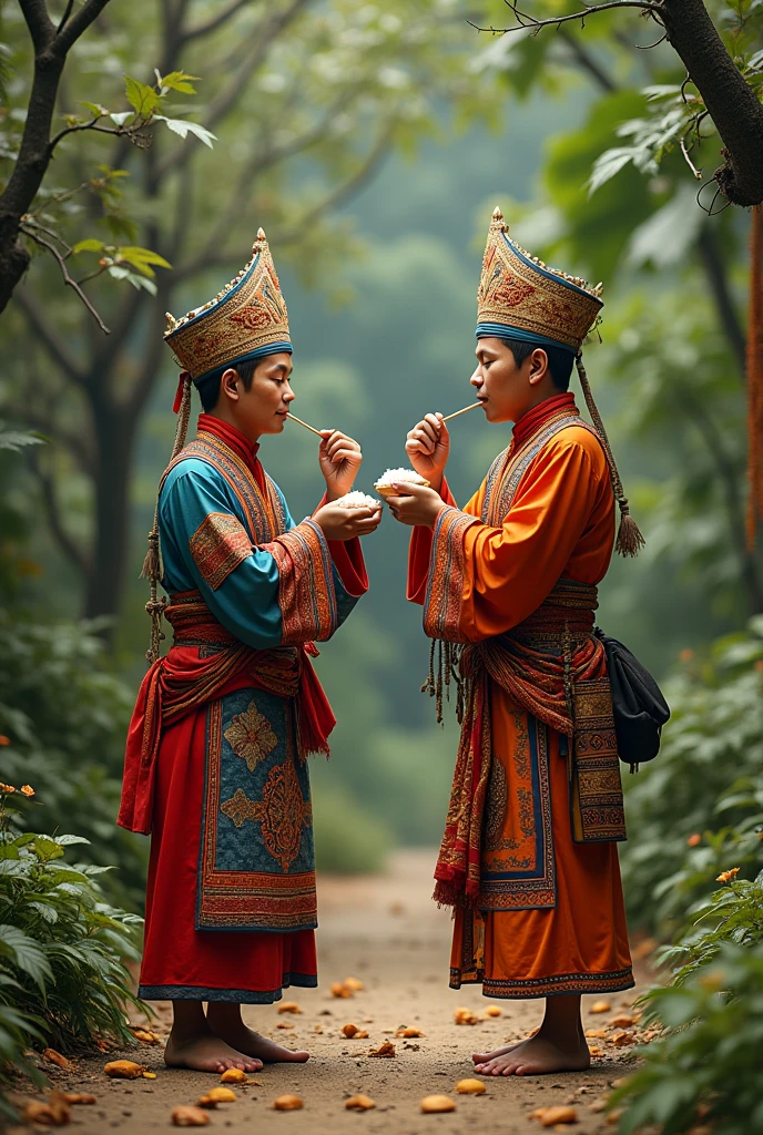 2 men dressing Burmese Chin Zomi Traditional Dress with eating Sticky Rice