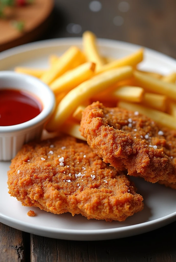 Du poulet pané bien croustillant accompagné de frites et ketchups