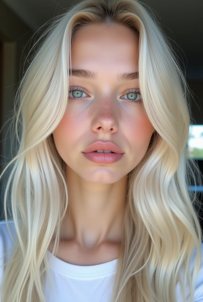A girl 21 years, with long white-blonde hair, light skin, full pink lips, glowing blue eyes, high cheekbones. oval face