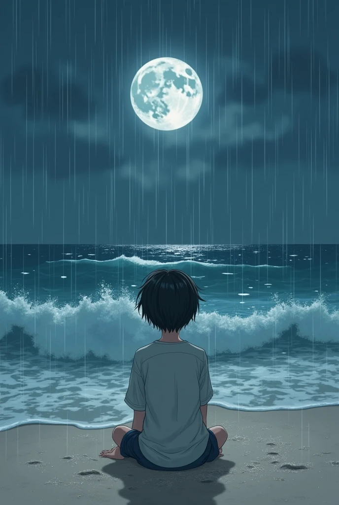 Anime boy sitting on the beach watching the moon and rain