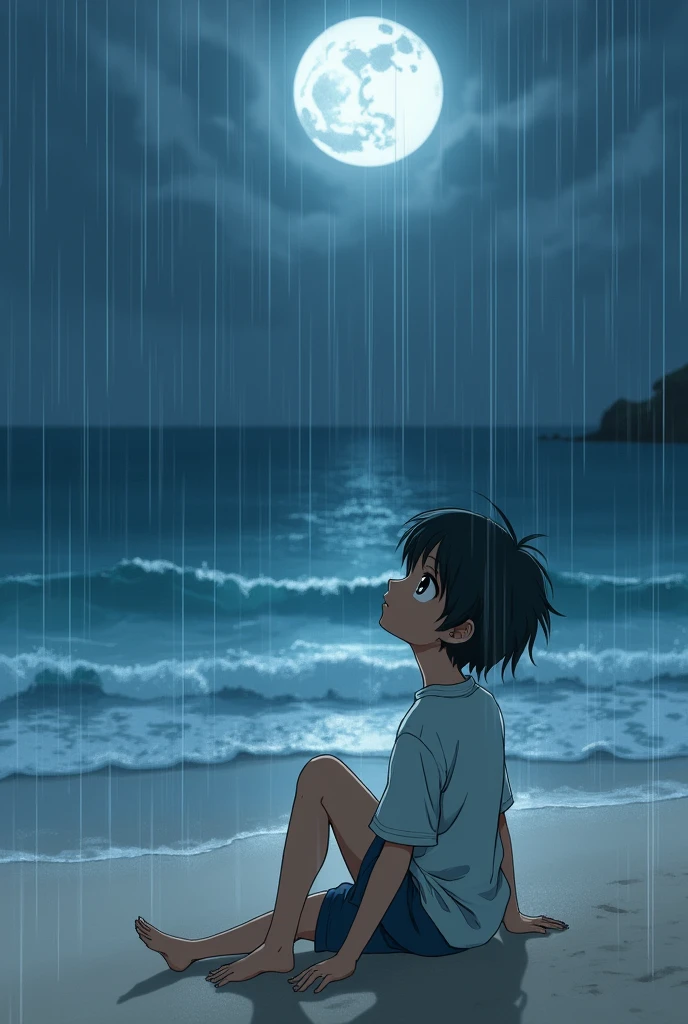 Anime boy sitting on the beach watching the moon and rain