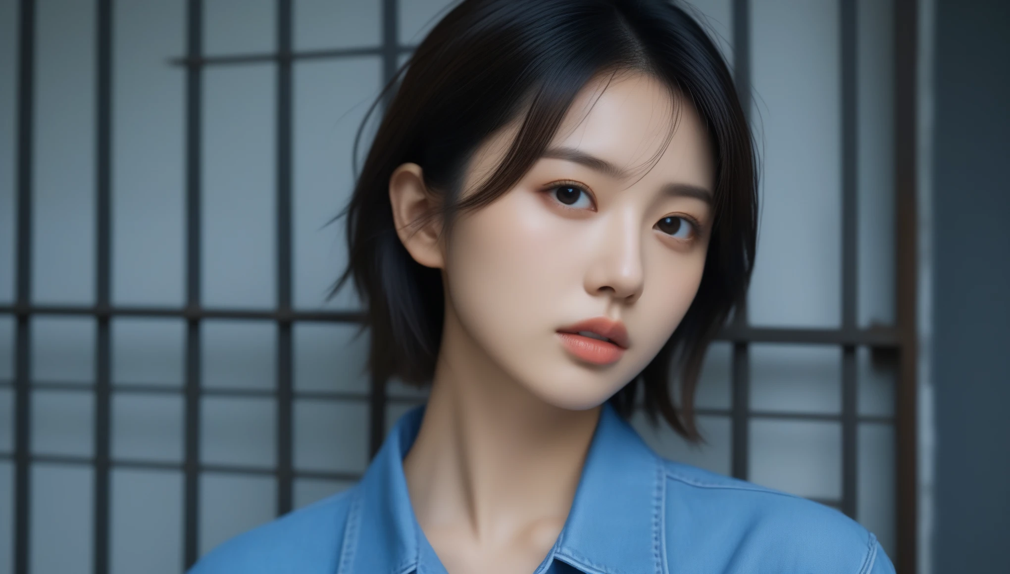 8k, Ultra-high resolution, Highest quality, masterpiece, 三分割法によるphotograph,Surreal, photograph, 1 , (:1.3), cute, cute顔, 細部までBeautiful Eyes, 細かくdetailedに,masterpiece,One Girl:1.2,Japanese women,Young Wife,cowboy shot,glaring,Black short hair,messy hair,(Dirty work clothes:1.3),Staring through the wire mesh,Blue Collar,Factory wall,(Beautiful attention to detail),Subtle details, detailedな顔,anger,Attractive eyes,(ポートレートphotograph:1.4),(Photorealistic images:1.4),Fantasy art,(Beautiful Face:1.4),美しくAttractive eyes、Beautiful Eyes、Grayscale 16Bits(Tight waist:1.4)、(Beautiful with perfect body proportions:1.4),Pink Lips,Looking at the audience,(((Ideal body type))),A-cup small breasts :2,、Portraiture:2、Perfect Anatomy、鮮明なdetailed、detailed,Fashion magazine cover,Thin lips,完璧でBeautiful Face ,完璧でcute顔, Skin with attention to detail, Perfect limbs、Narrow waist,Surreal,Light and shadow,backlighting