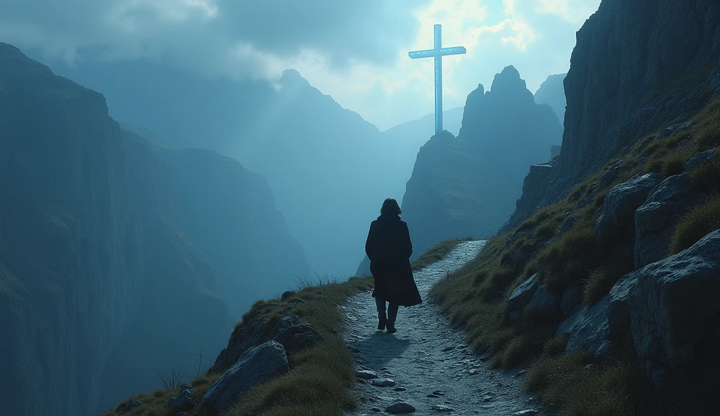 A person walking on a narrow, winding path through a rugged mountain landscape, looking up toward a distant, glowing cross in the sky, symbolizing focus and perseverance through life's challenges. ar 16:9
