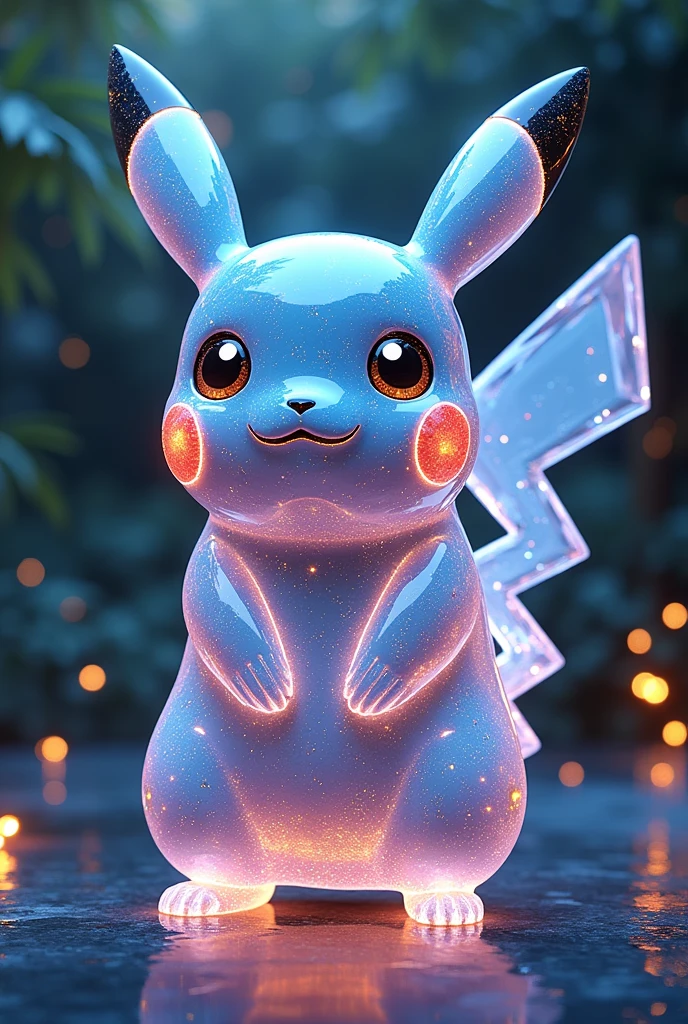 An 8k photo of a colossal mega-sized glossy prism majestic crystal-glass Pikachu Pokémon styled as marble-infused glasswith sapphire-gold glossy accents. The Pikachu is decorated with prism-galaxy-star-planets and has floating pointy zigzag lightning sparks emitting from its surroundings. The Pikachu is 5 feet tall and is highly detailed with micro unreal engine 5 effects. The photo has a sharp quality focus and no blurriness. The Pikachu is displayed in an interior garden of pokemon background