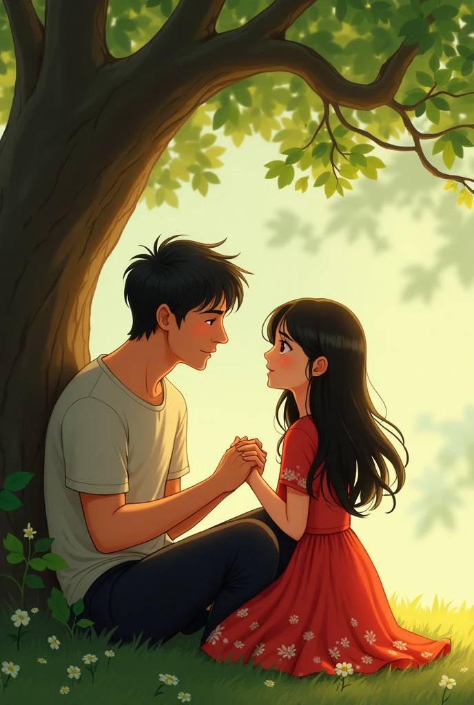 A girl wearing a red flowered dress sitting under a tree and a broad-shouldered man wearing black pants and a t-shirt holding her hand next to him