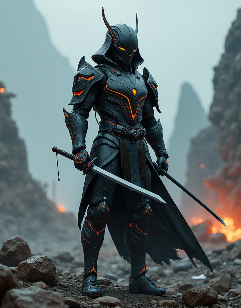 Generate a 4K, hyper-realistic image of an Asian warrior from Nova Aeterna, wearing a full-body, futuristic armor that completely covers her, including a helmet that conceals her face. The armor blends traditional Japanese samurai design with advanced, sleek, and high-tech materials, featuring glowing energy lines and intricate details. She stands on a rocky battlefield under a stormy sky, exuding a mix of determination and inner conflict. Her armor shows signs of recent battle damage, with scorched marks and dents. She holds a katana infused with alien technology, glowing with a faint, eerie light. The background shows the aftermath of a fierce battle, with ruins, distant fires, and scattered debris. Emphasize the detailed design of the armor, the glowing elements, and the dramatic, war-torn environment