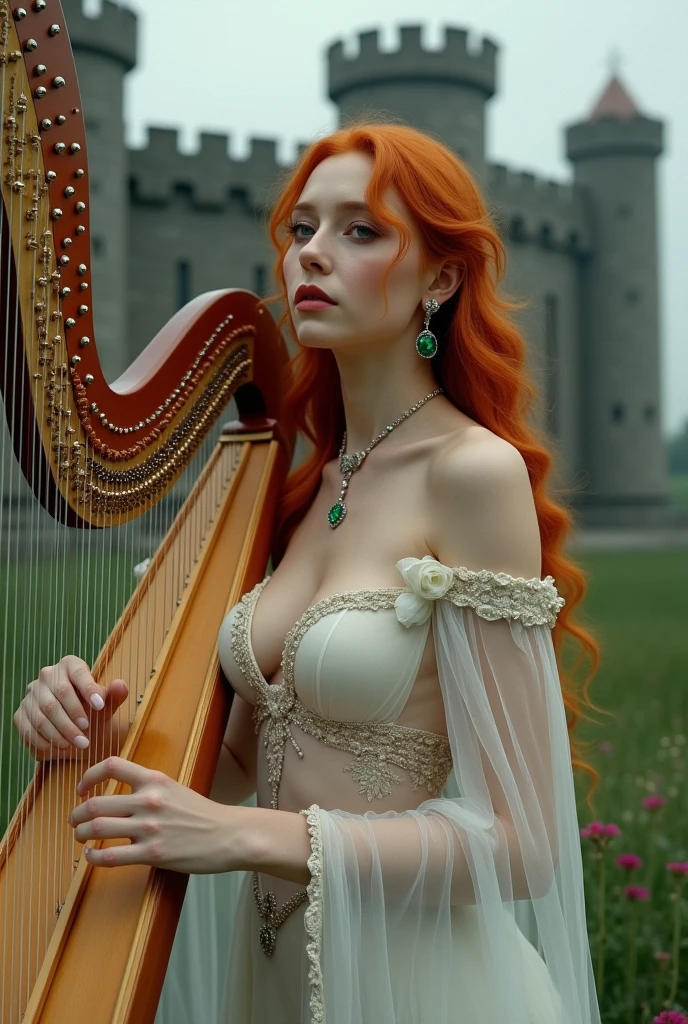 A fantasy, beautiful girl playing Harp, she's wearing a white sheer transparent dress, she has large breast and long ginger hair, her dress is very low cut revealing clearage, she is wearing emeralds and silver, there is an Irish castle in the background,