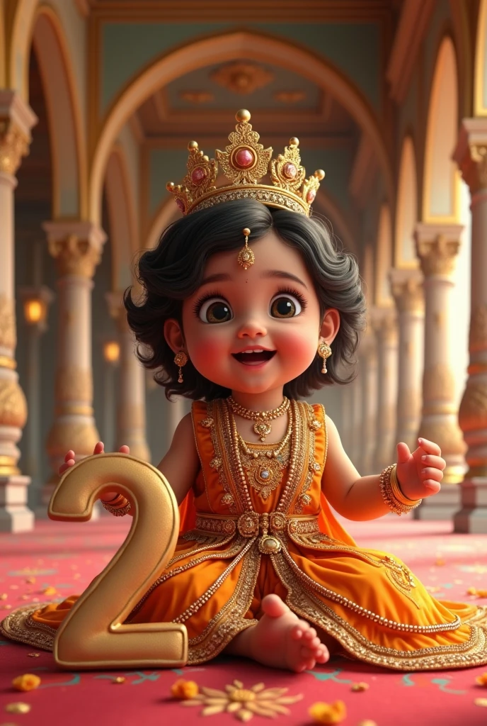 A realistic image of a cute little indian baby girl as a Princess, with open hair, in very big and beautiful palace and in house there are all around gold , wearing a crown and a royal attire and she is very very beautiful and gorgeous and besides her is a large size '2' cutout , indicating that its her second birthday. Bright, bold and colorful image, Flower garlands can be seen hanging from the palace archs, seems like a celebration time in the palace