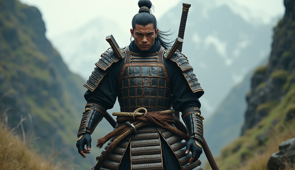 (best quality, masterpiece, ultra detailed, ultra high res, photorealistic, raw photo, absurdres, absolutely resolution), His name is Momotaro、Wild Soul、Macho young samurai