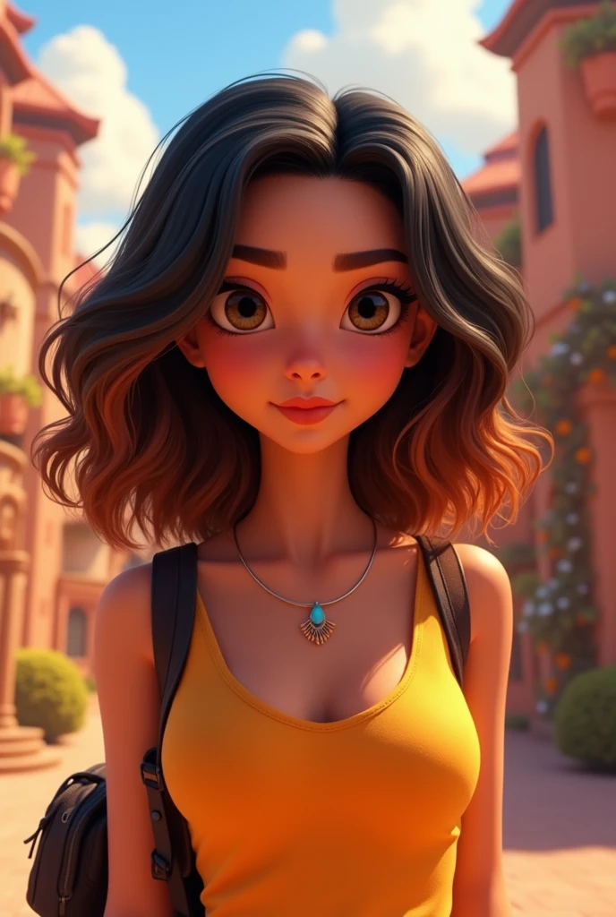 Create a Disney Pixar style character, a 19 year old girl, Bullish, black, wavy hair half curly, long black half brown, eyes the black ones, slightly plump lips, evangelical 