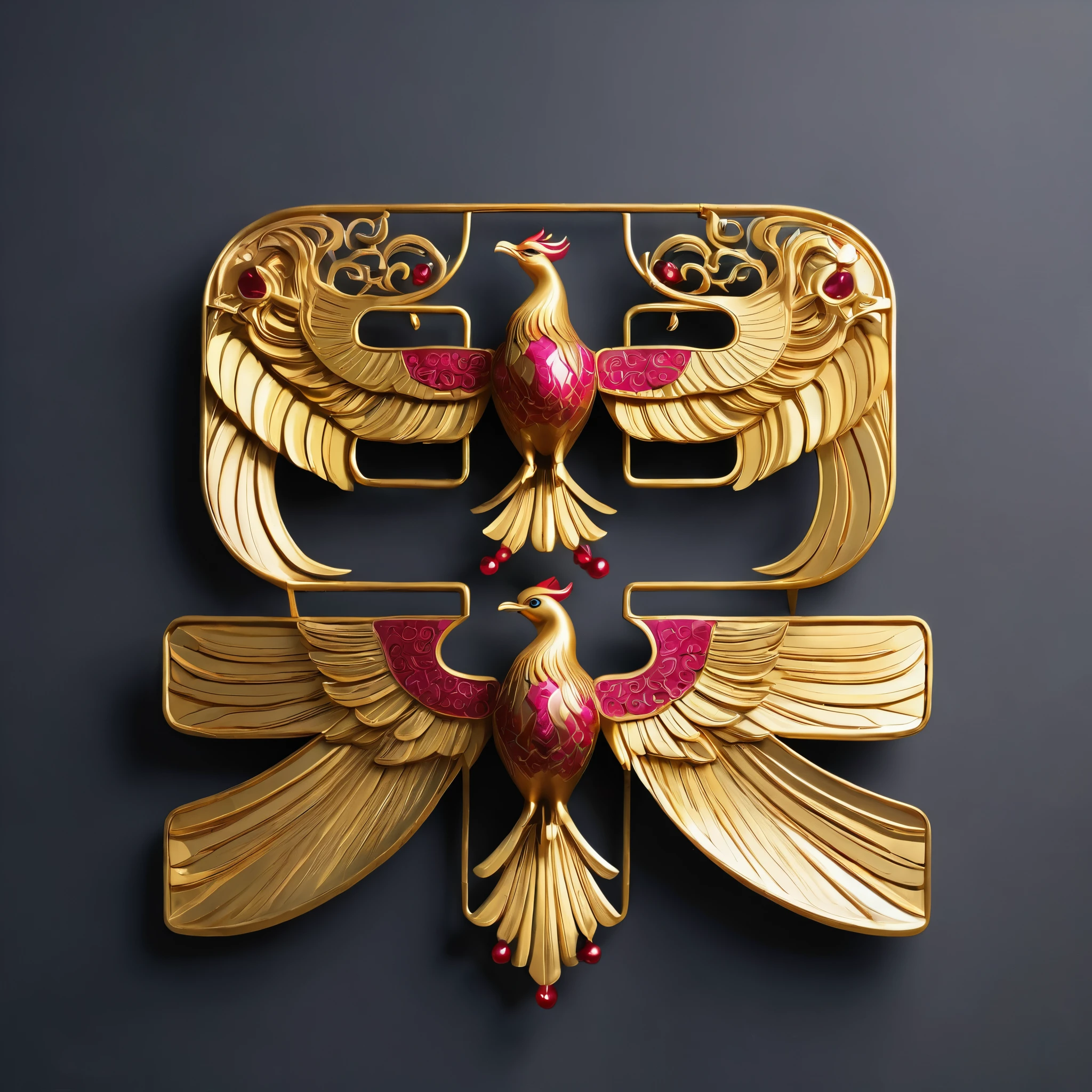 A series of golden phoenix sculptures of the same style from different angles,ruby,Medieval style,