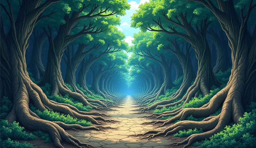 Thick roots under the ground full view, in anime style,