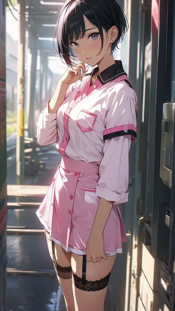 pink nurse uniform,Short cut hair,  garter stockings,  black hair,